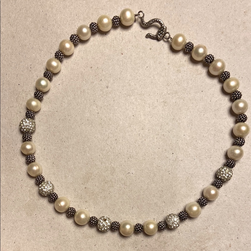 925 Sterling Silver Pearl 17” Necklace with Swarovski Crystals Ball Beads